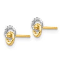 Pair of two-tone gold stud earrings with white gold outer loops and yellow gold inner curved elements, displayed against a white background.