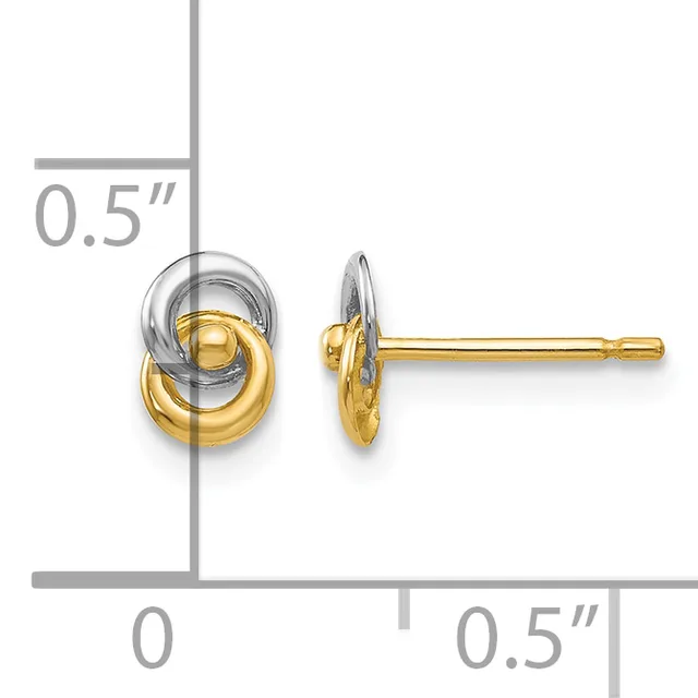 Two-tone gold and silver interlocking loop stud earrings shown front and side view with measurement scale indicating 0.5 inches.