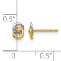 Two-tone gold and silver interlocking loop stud earrings shown front and side view with measurement scale indicating 0.5 inches.