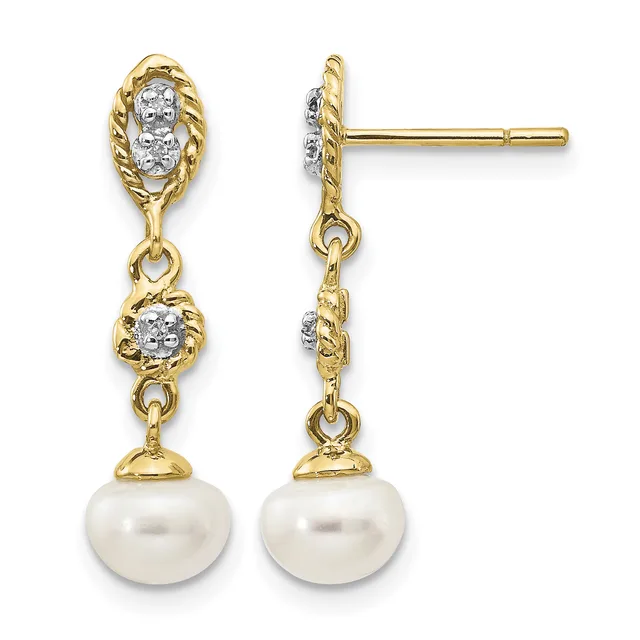 Pair of gold drop earrings with twisted rope-textured oval tops set with diamonds, connected by chain links to pearl drops below, shown from front and side views.