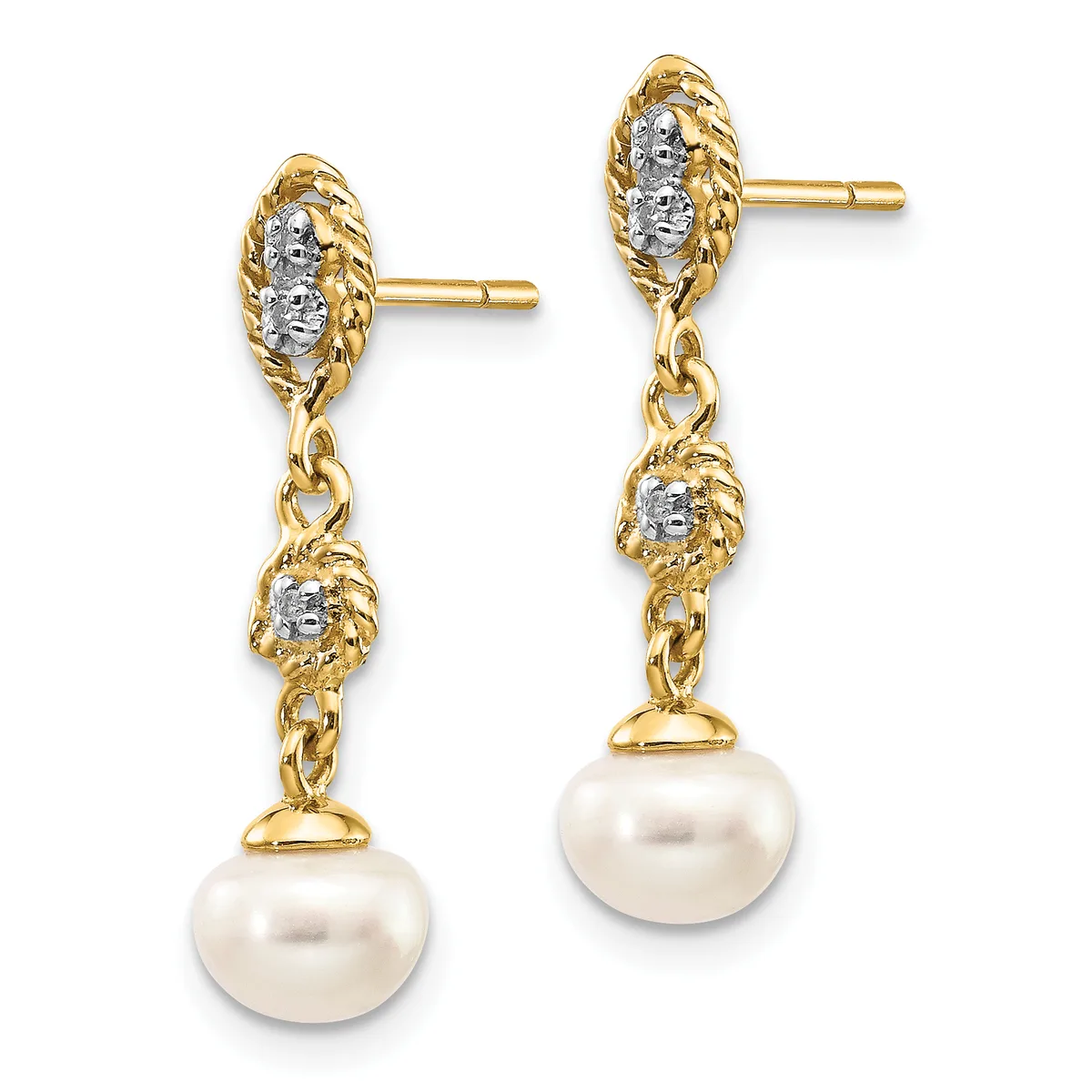 A pair of gold dangle earrings with textured oval tops set with diamonds, connected by chain links to pearl drops below.