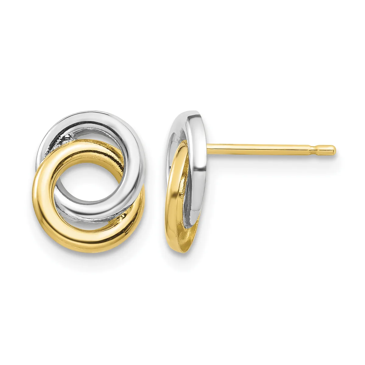Two-tone interlocking oval stud earrings with yellow gold inner loops and white gold outer loops, shown from front and side views.