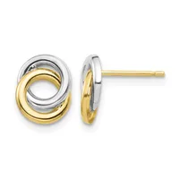 Two-tone interlocking oval stud earrings with yellow gold inner loops and white gold outer loops, shown from front and side views.