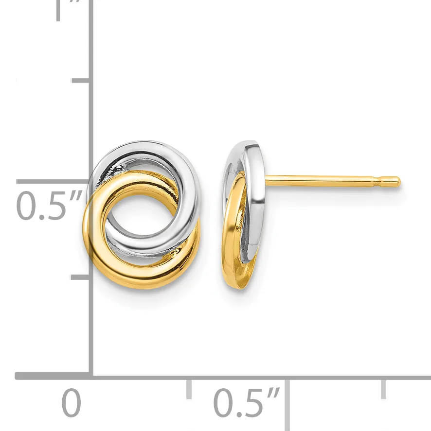 Two-tone interlocking loop earrings in white and yellow gold with post and friction back closures, shown against a measurement scale indicating approximately 0.5 inches in height.