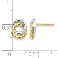 Two-tone interlocking loop earrings in white and yellow gold with post and friction back closures, shown against a measurement scale indicating approximately 0.5 inches in height.