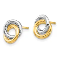 A pair of two-tone gold stud earrings with interlocking oval loops in yellow and white gold, displayed against a white background.