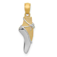 A two-tone gold and silver ballet pointe shoe pendant with textured yellow gold upper and polished white metal sole, suspended from a yellow gold bail.