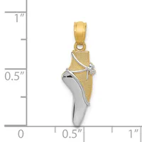 Two-tone gold and silver ballet pointe shoe pendant with textured gold upper and polished silver sole, shown next to a measurement scale indicating approximately 0.75 inches in height.