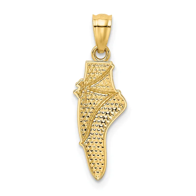 A gold pendant shaped like the map of Israel with a textured surface and an attached bail, shown against a white background.