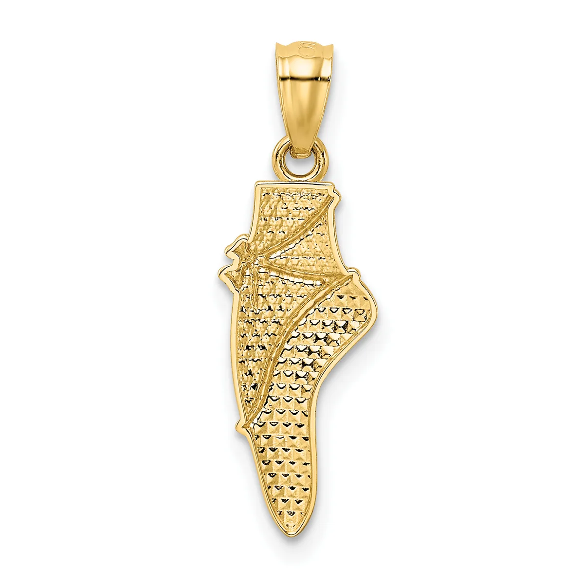 A gold pendant shaped like the map of Israel with a textured surface and an attached bail, shown against a white background.