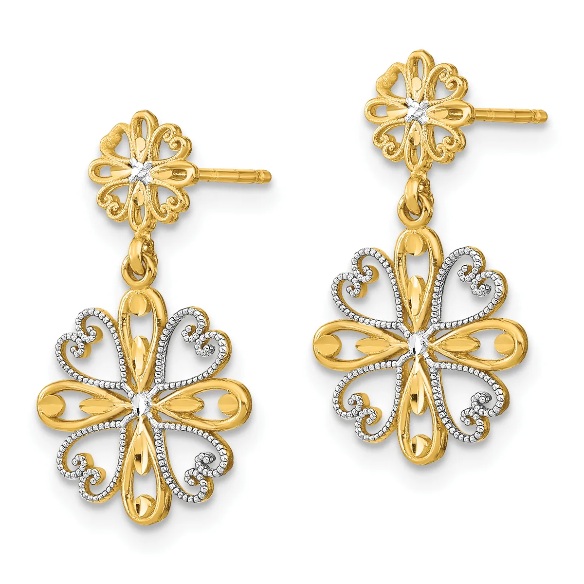 Pair of gold drop earrings with ornate floral studs and dangling filigree flower designs accented with small diamonds.