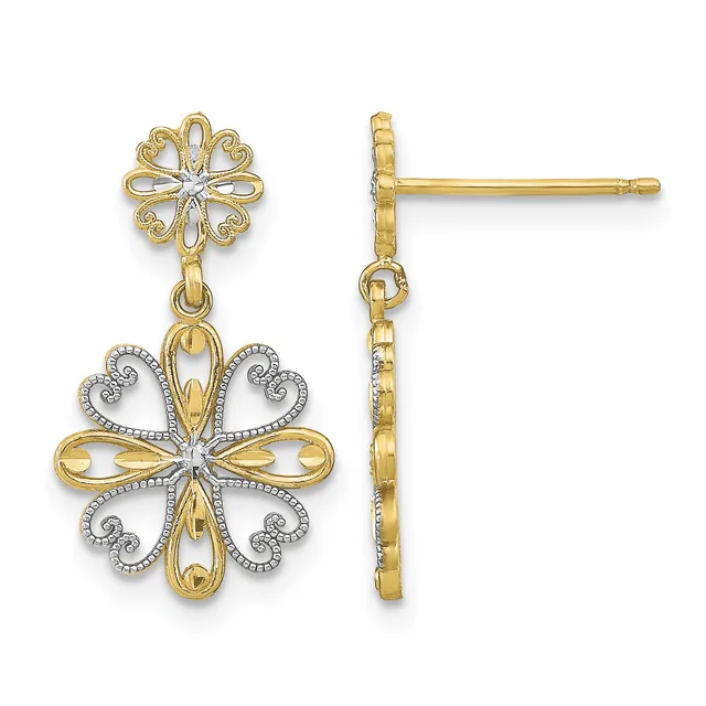 A pair of gold dangle earrings with ornate cross designs featuring white diamond accents, shown from front and side views.