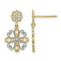 A pair of gold dangle earrings with ornate cross designs featuring white diamond accents, shown from front and side views.