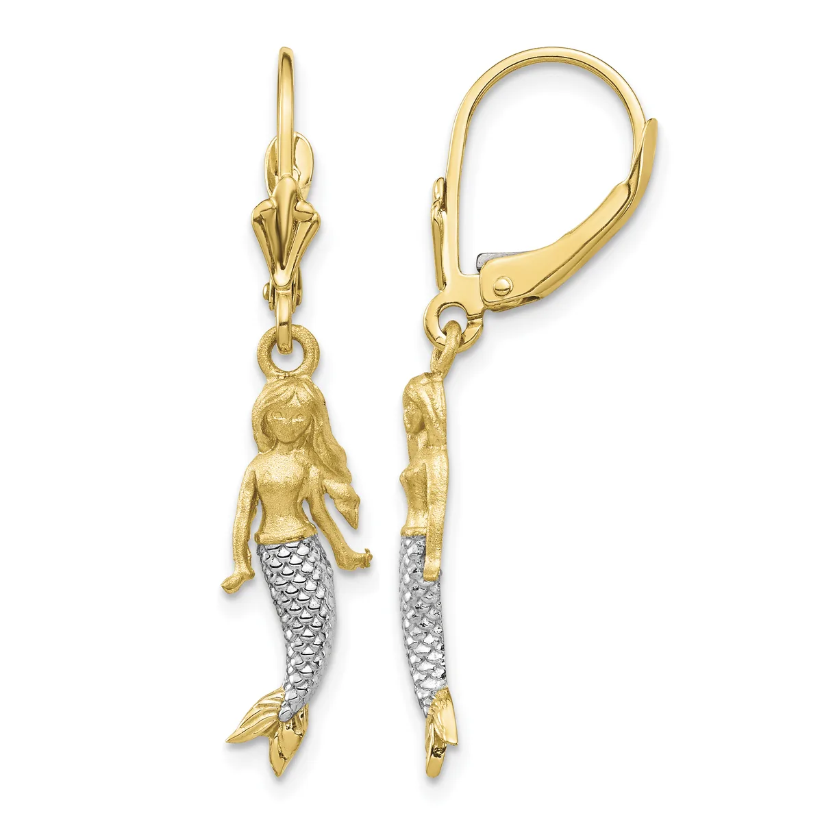 Pair of gold mermaid charm earrings with white textured tail sections and lever-back closures, shown front and back views.