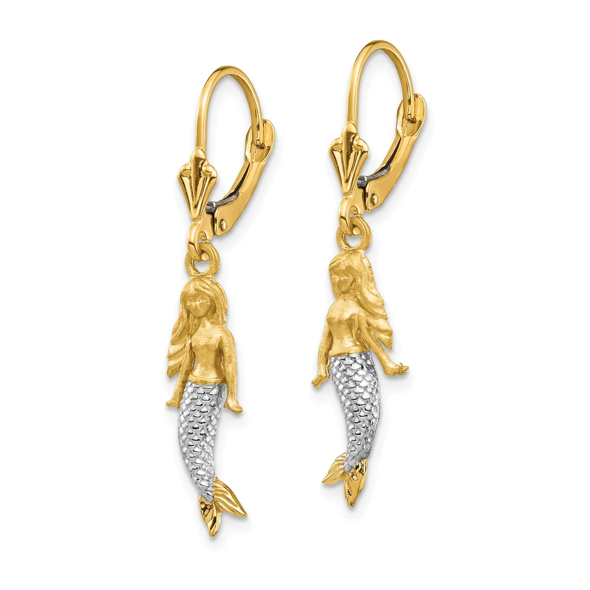 Pair of gold and silver mermaid charm earrings with leverback closures, featuring textured upper bodies in yellow gold and scaled tail sections in white metal with gold fin details.