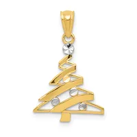Gold and white two-tone Christmas tree pendant with spiral ribbon design and small round stone accents, shown hanging from a bail.