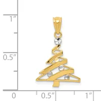 A two-tone gold Christmas tree pendant with ribbon-like branches decorated with small round stones, shown next to a measurement scale.