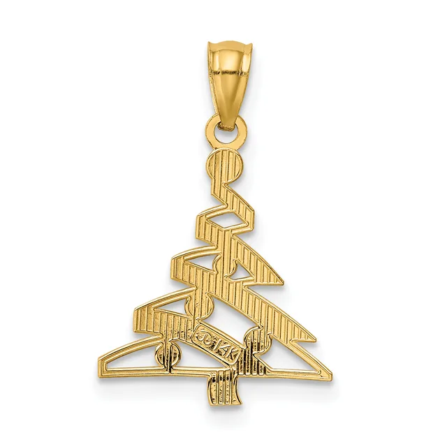 Gold textured Christmas tree pendant with layered triangular sections and a small stamped hallmark, suspended from a bail loop.