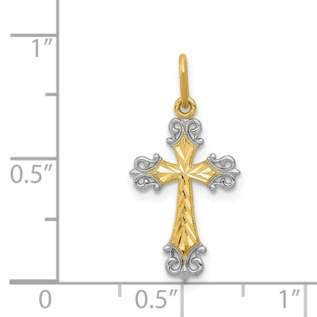 Two-tone gold cross pendant with yellow gold center featuring an etched leaf pattern and white gold ornamental scrollwork at the four cardinal points, shown against a measurement scale.