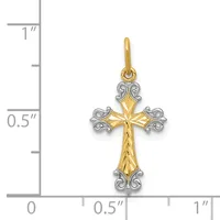 Two-tone gold cross pendant with yellow gold center featuring an etched leaf pattern and white gold ornamental scrollwork at the four cardinal points, shown against a measurement scale.