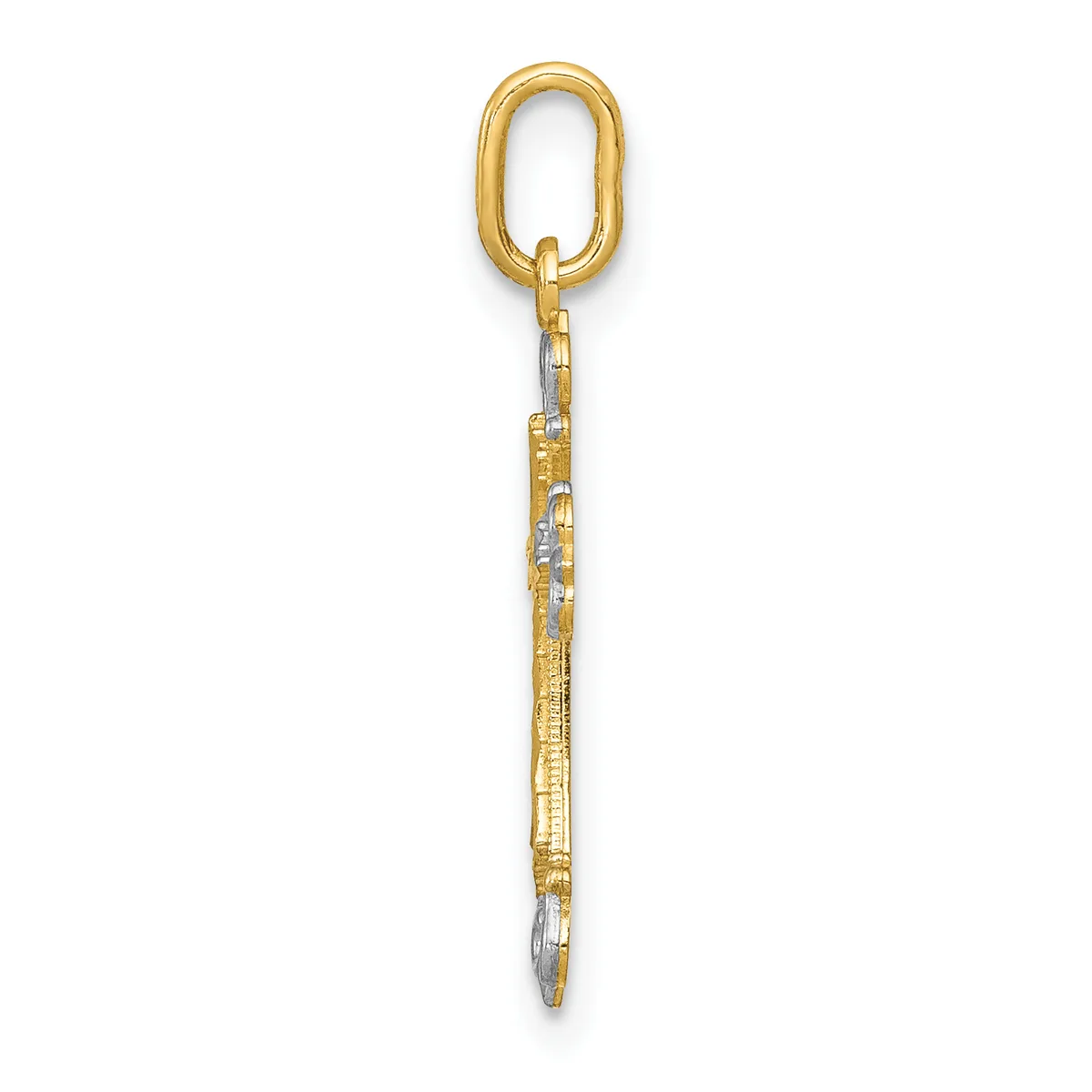 A gold pendant with an oval loop at the top and a long tapered shaft decorated with diamond accents and textured bands.