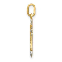 A gold pendant with an oval loop at the top and a long tapered shaft decorated with diamond accents and textured bands.