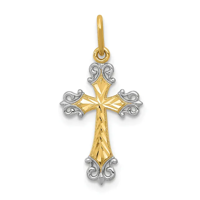 A two-tone gold and silver cross pendant with ornate scrollwork at the ends and textured detailing on the vertical shaft, suspended from a gold bail.
