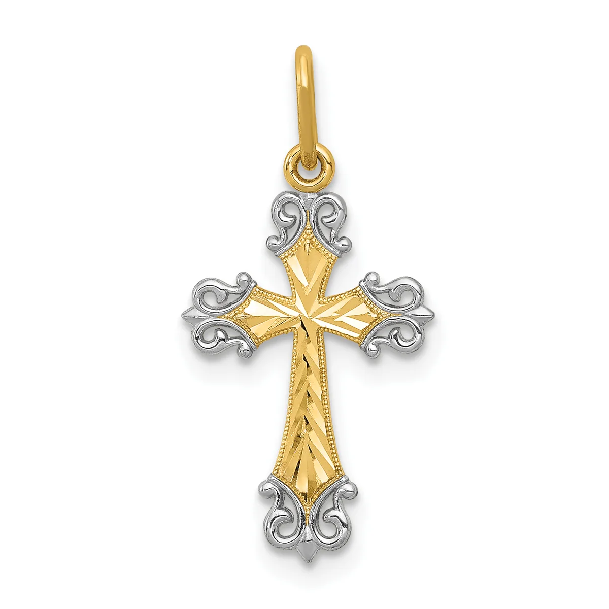 A two-tone gold and silver cross pendant with ornate scrollwork at the ends and textured detailing on the vertical shaft, suspended from a gold bail.