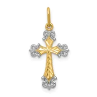 A two-tone gold and silver cross pendant with ornate scrollwork at the ends and textured detailing on the vertical shaft, suspended from a gold bail.