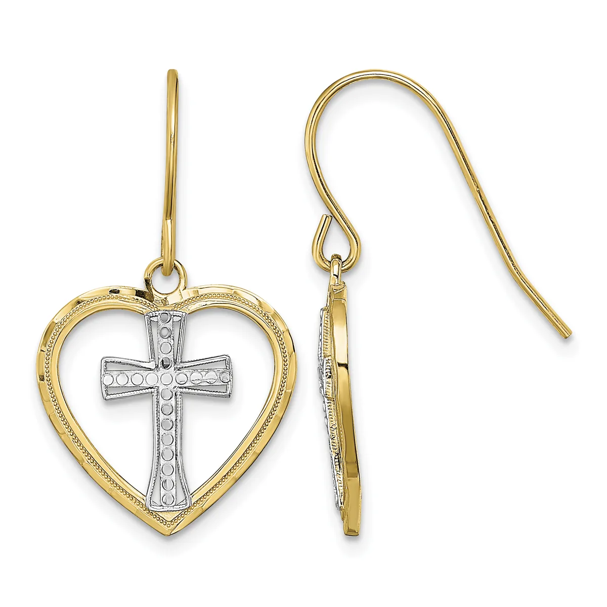 Pair of gold and silver two-tone heart-shaped earrings with crosses inside, suspended from thin gold ear wires.