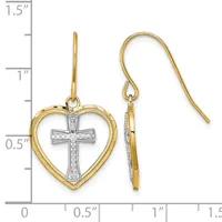 Pair of two-tone gold heart earrings with a cross in the center, shown next to a ruler measuring approximately 1.25 inches in length.