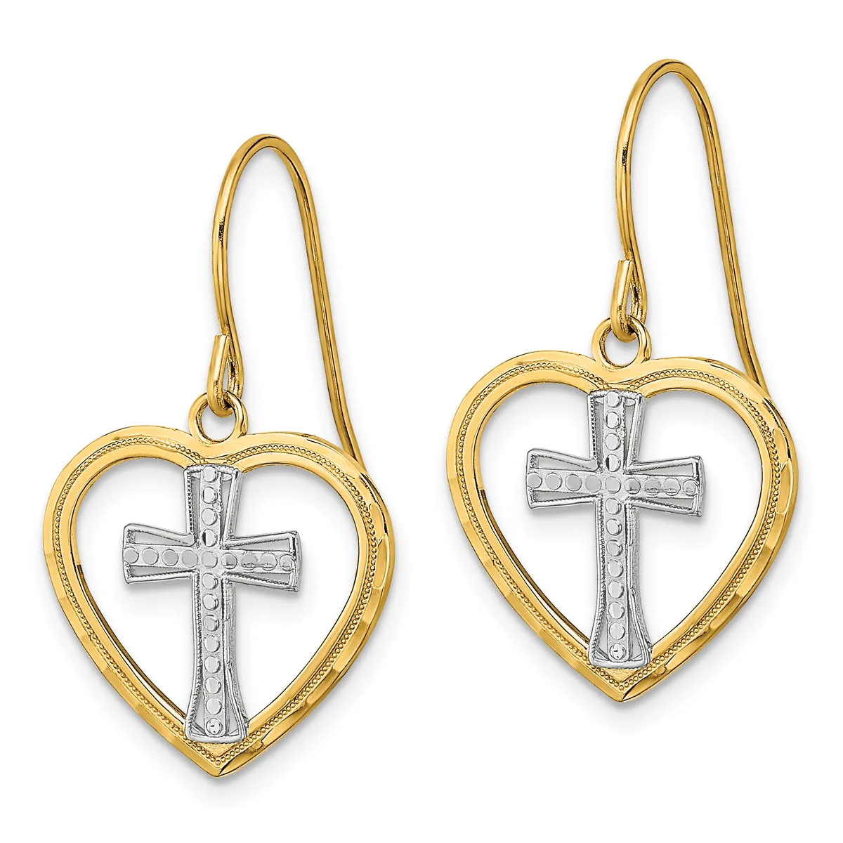 Pair of gold heart-shaped earrings with silver cross centers, suspended from gold wire hooks.