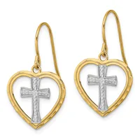 Pair of gold heart-shaped earrings with silver cross centers, suspended from gold wire hooks.
