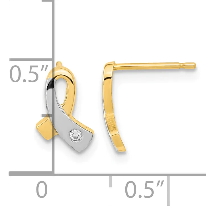 Two-tone gold and silver stud earrings with a curved design and small diamond accent, shown at actual size with a measurement scale indicating 0.5 inch length.