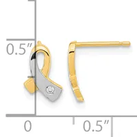 Two-tone gold and silver stud earrings with a curved design and small diamond accent, shown at actual size with a measurement scale indicating 0.5 inch length.