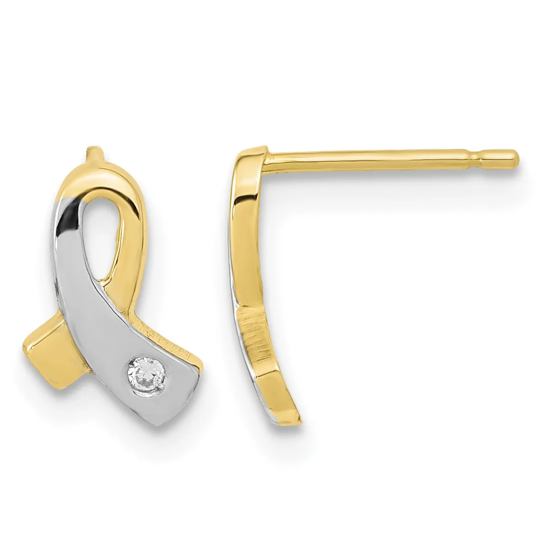 Pair of two-tone gold ribbon-shaped stud earrings with a small diamond accent, shown from front and side views.
