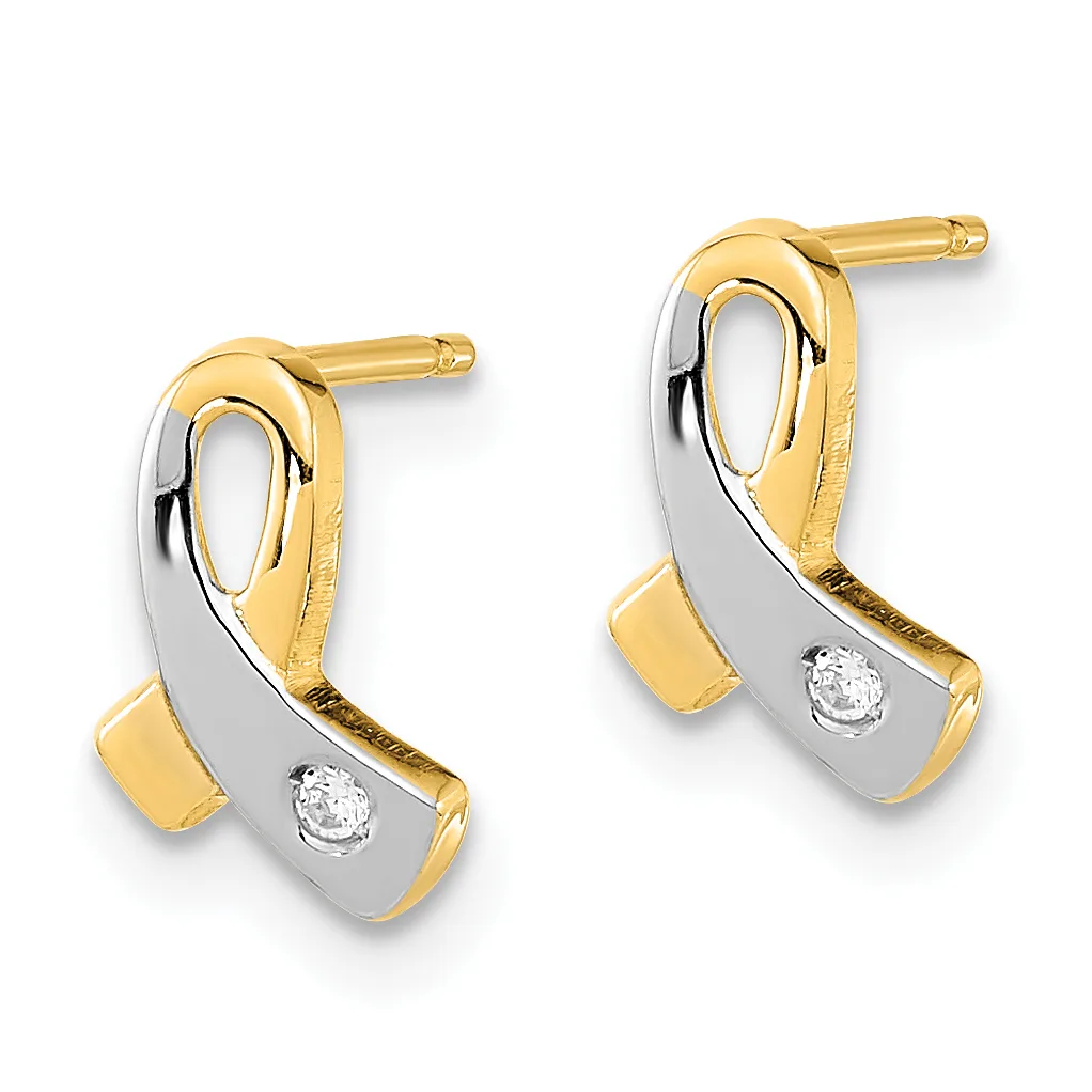 A pair of two-tone gold drop earrings with white diamond accents and post backs, displayed against a white background.