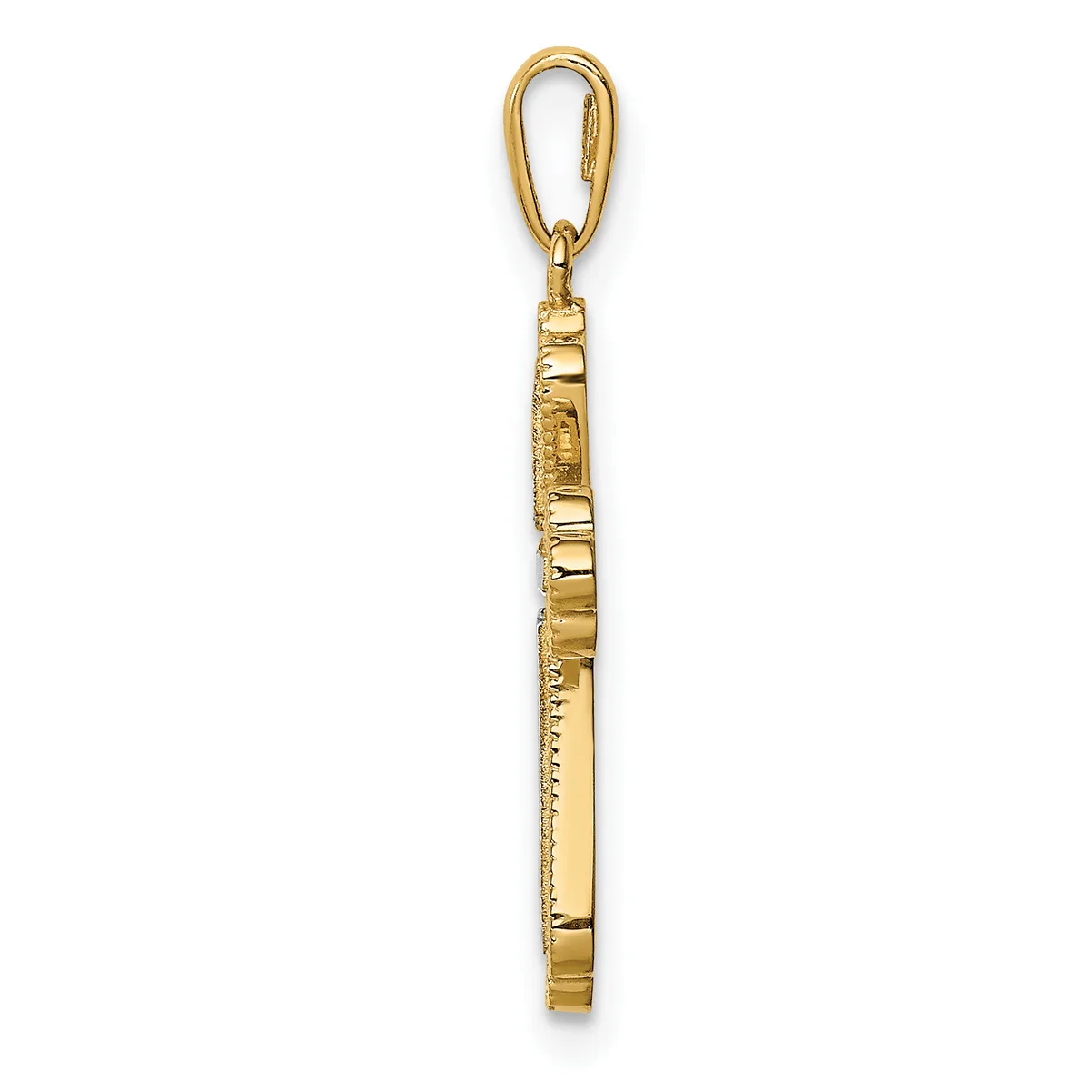 A vertical gold-toned metal pendant with a textured rectangular body and an attached loop bail at the top, shown against a white background.