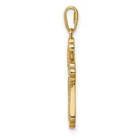 A vertical gold-toned metal pendant with a textured rectangular body and an attached loop bail at the top, shown against a white background.
