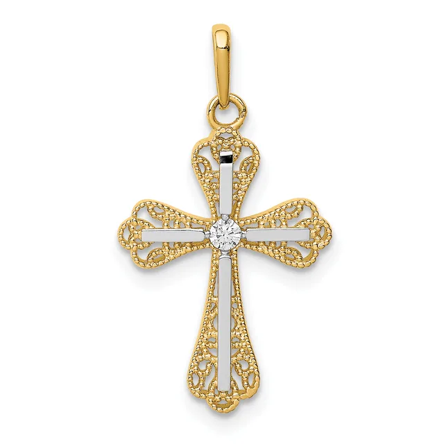 A two-tone cross pendant with ornate filigree gold wings and a white gold vertical bar through the center, topped with a small round diamond or crystal, suspended from a gold bail.
