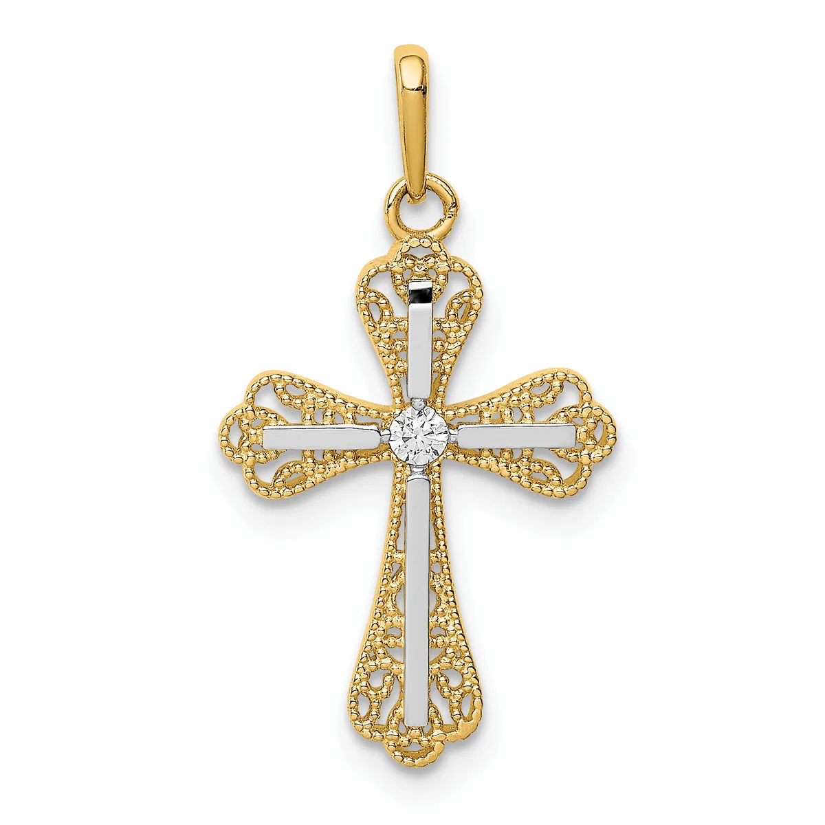 A two-tone cross pendant with ornate filigree gold wings and a white gold vertical bar through the center, topped with a small round diamond or crystal, suspended from a gold bail.