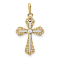 A two-tone cross pendant with ornate filigree gold wings and a white gold vertical bar through the center, topped with a small round diamond or crystal, suspended from a gold bail.