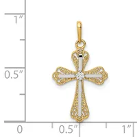 A two-tone cross pendant with textured gold filigree lobes and a polished white gold center, displayed against a ruler showing approximately one inch in height.
