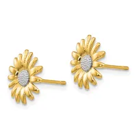 Pair of gold daisy flower stud earrings with diamond-pavé oval centers and polished petals, shown from the front.