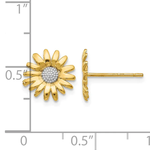 Gold daisy stud earrings with diamond-set centers, shown front and side view against a measurement scale.