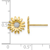 Gold daisy stud earrings with diamond-set centers, shown front and side view against a measurement scale.