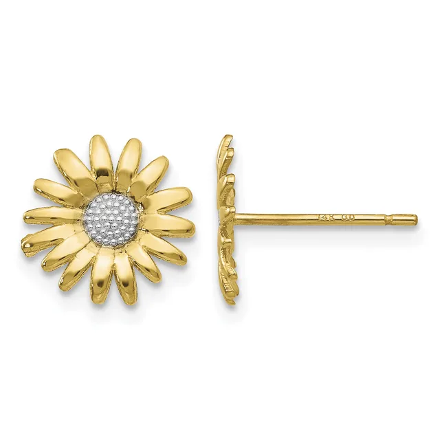 Gold daisy flower stud earrings with diamond-paved centers, shown from front and side views.