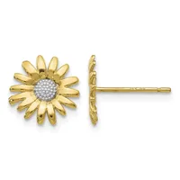 Gold daisy flower stud earrings with diamond-paved centers, shown from front and side views.