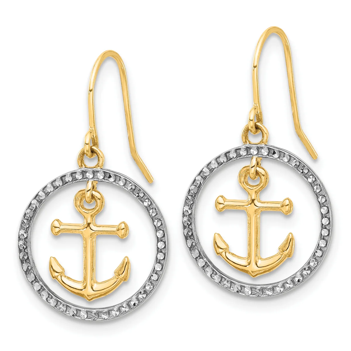Pair of gold and silver-tone anchor earrings with circular diamond-accented frames and gold fish hook wires.