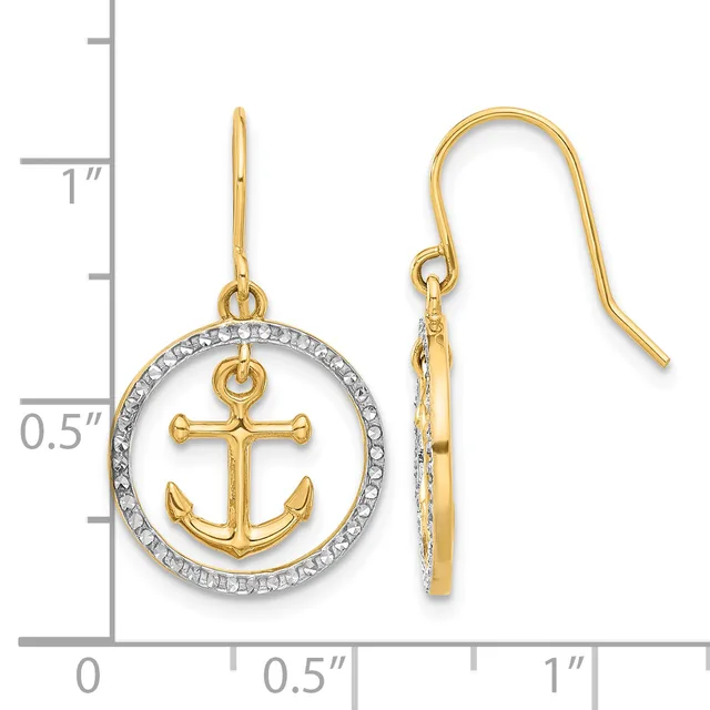 Gold-tone anchor earrings with diamond-shaped crystals in circular frames, shown next to a measurement scale indicating approximately one inch in length.